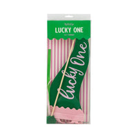 Lucky One felt pennant packaged with wooden dowel and ribbon, front view