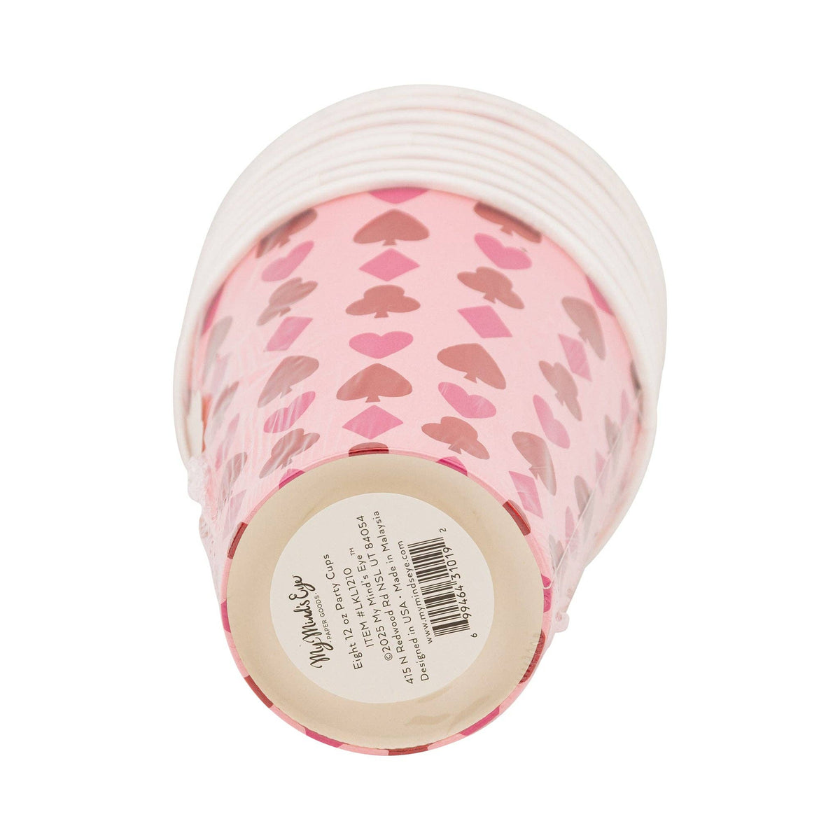 Bottom view of stacked lucky party cups showing product label