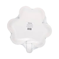 Back view of lucky shamrock shaped disposable plate in packaging