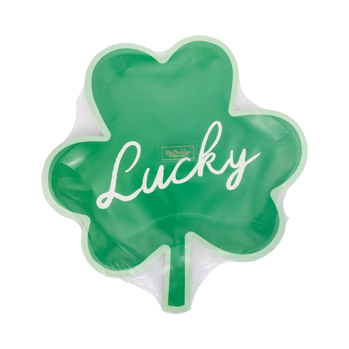 Front view of lucky shamrock shaped disposable plate in packaging