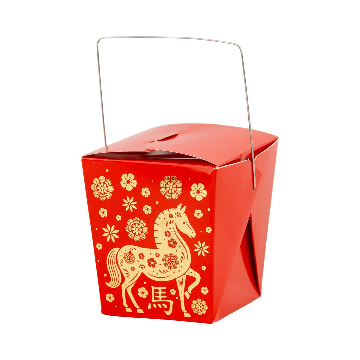 Red and gold Lunar New Year take out box with metal handle and gold horse design