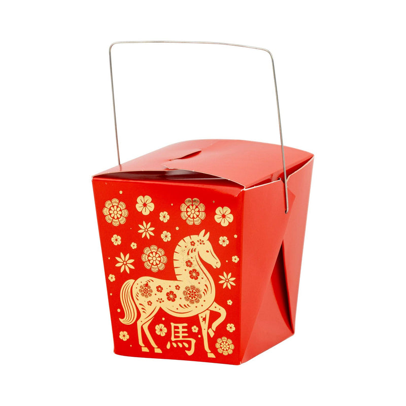 Red and gold Lunar New Year take out box with metal handle and gold horse design