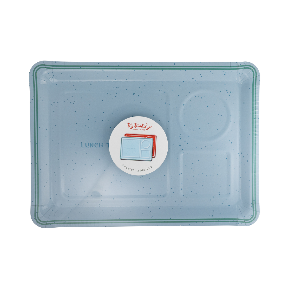 Blue speckled lunch tray shaped paper plate with green striped edge and product packaging label reading "8 plates, 2 designs"