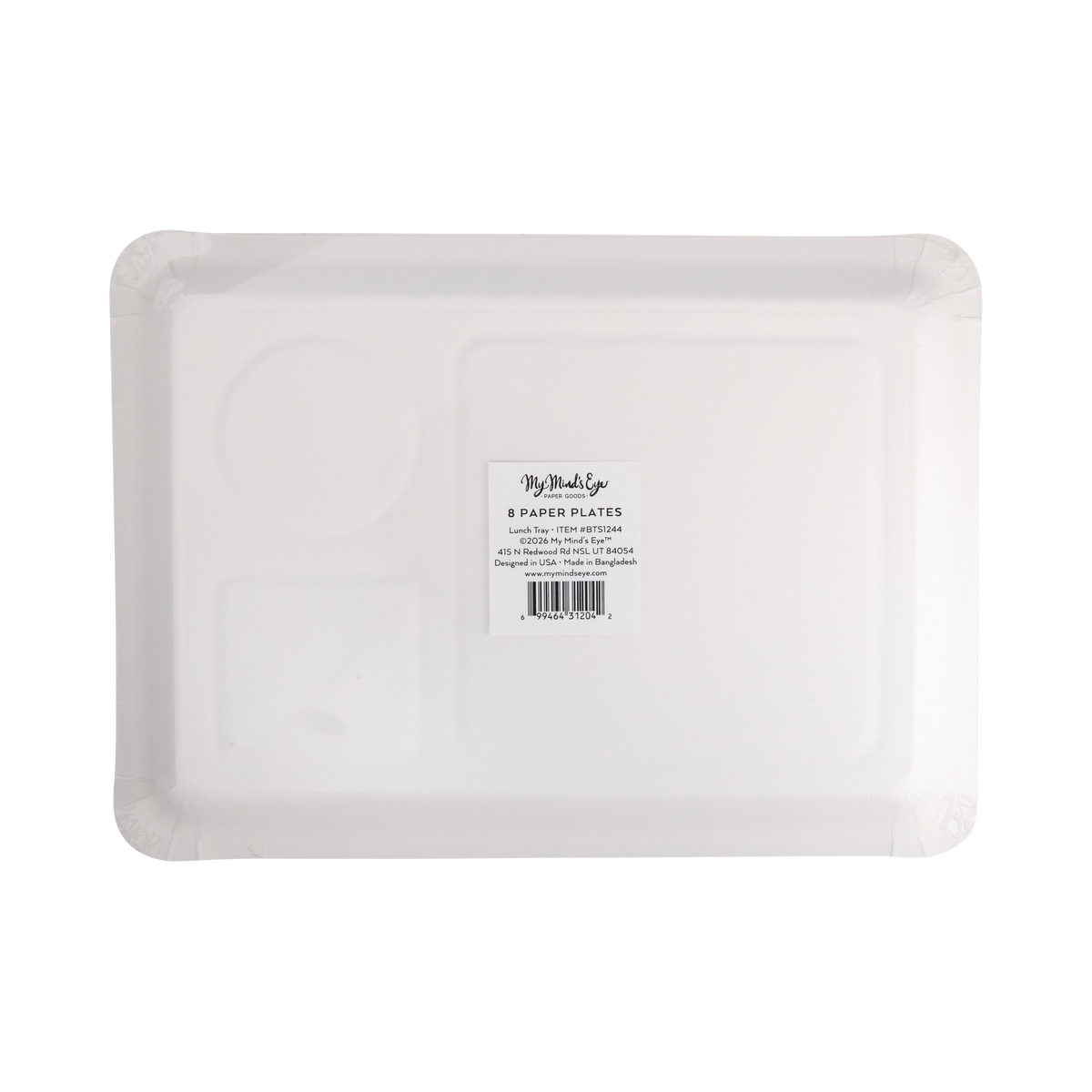 Back of lunch tray shaped paper plate showing divided compartment design and product packaging label reading "8 paper plates"