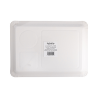 Back of lunch tray shaped paper plate showing divided compartment design and product packaging label reading "8 paper plates"