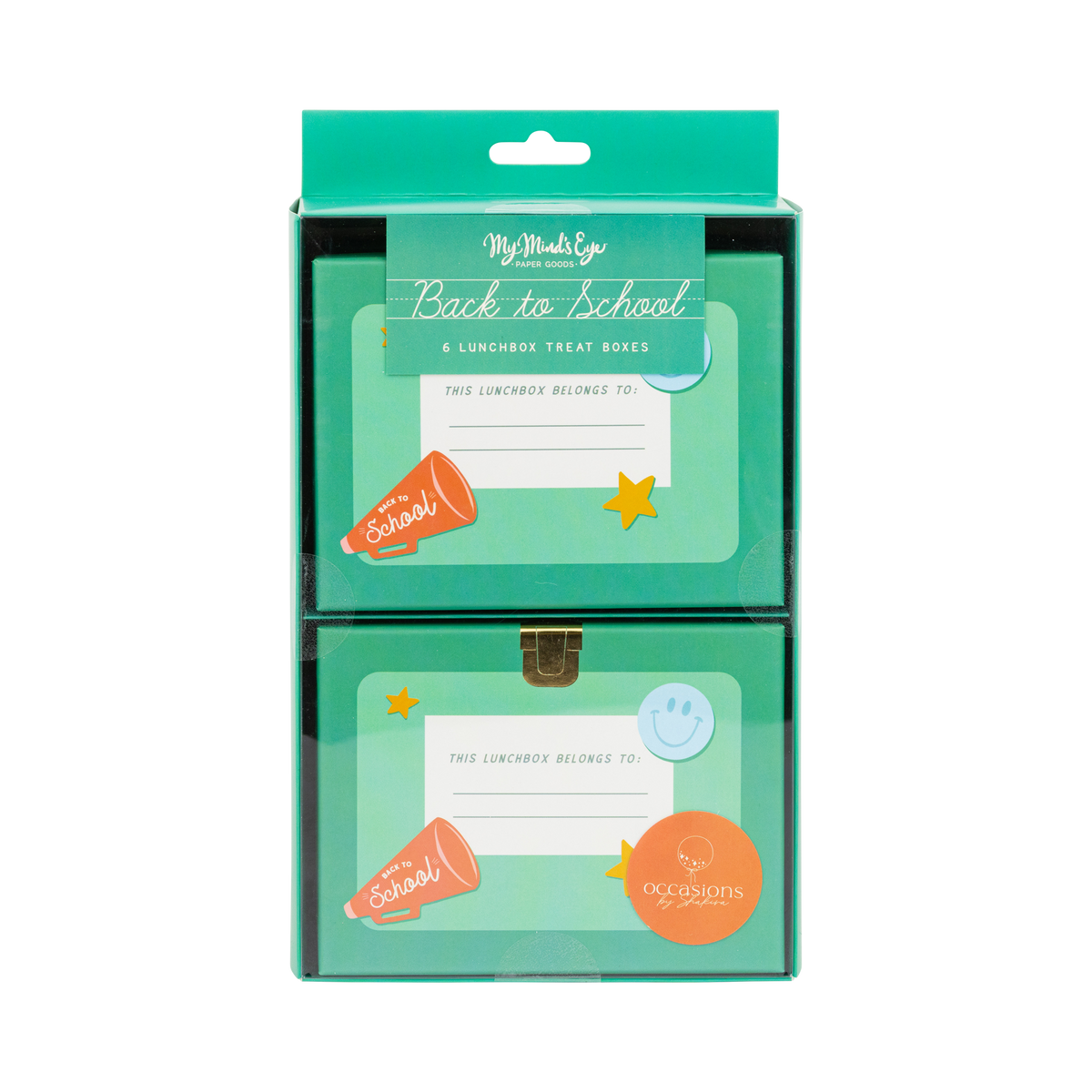 Front of lunchbox shaped treat box packaging in clear box with green "Back to School" label showing two treat boxes