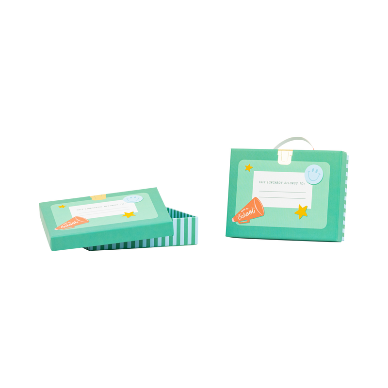 Two teal lunchbox shaped treat boxes shown on white background — one open with lid removed, one closed with ribbon handle