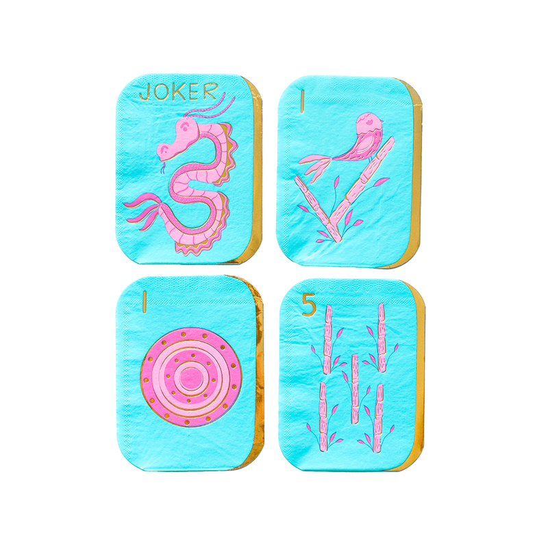 Four mahjong tile shaped paper napkin designs laid out on a white background — Joker tile with pink dragon, 1 Bam with pink bird on bamboo, 1 Dot with pink concentric circles, and 5 Bam with five pink bamboo stalks — all in turquoise with gold foil tile-edge detailing