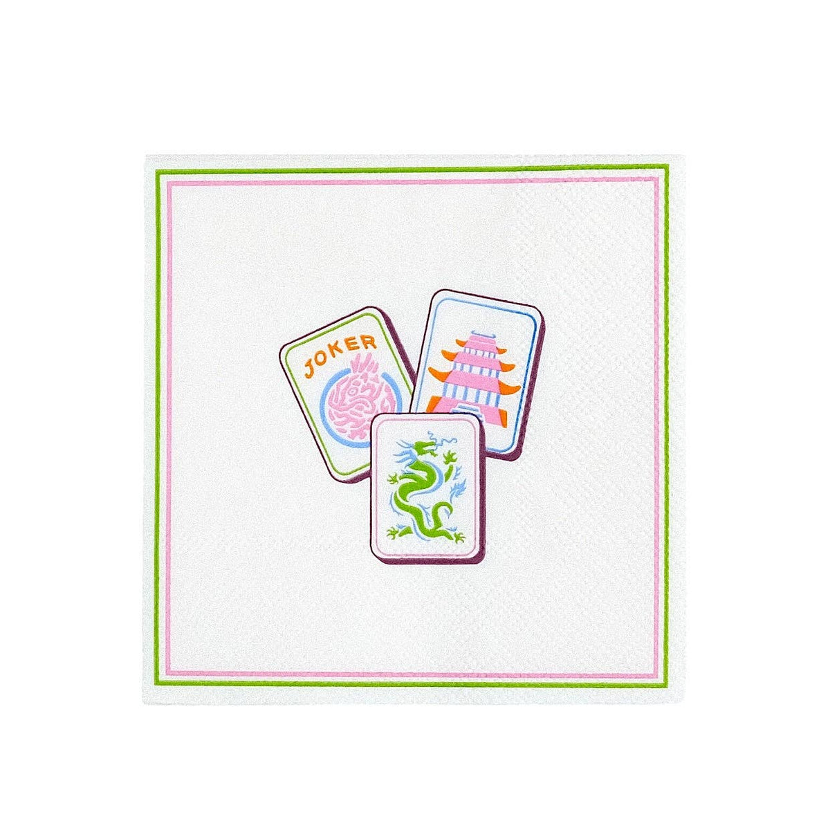 Isolated white product shot of the Mahjong Cocktail Napkins featuring the Joker, Dragon, and Pagoda tiles.