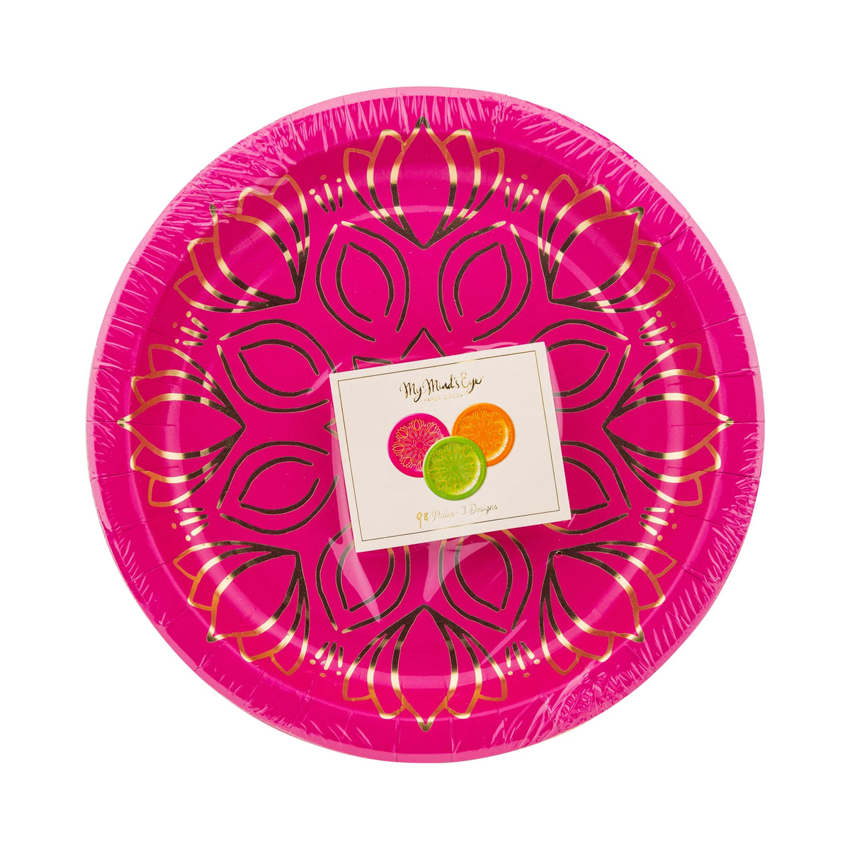 Front of Mandala Plate Set showing bright fuchsia design and gold foil.