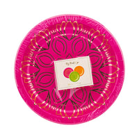 Front of Mandala Plate Set showing bright fuchsia design and gold foil.