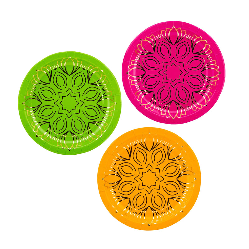 Set of three mandala plate colors—lime, fuchsia, marigold—mix-and-match party supplies.