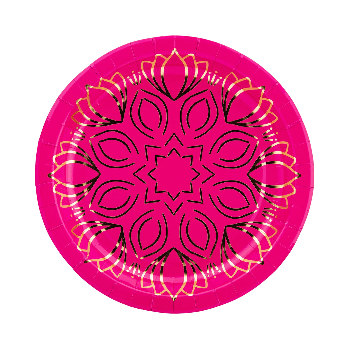 Fuchsia mandala plate with lotus border—great for bollywood party decorations.