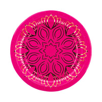 Fuchsia mandala plate with lotus border—great for bollywood party decorations.