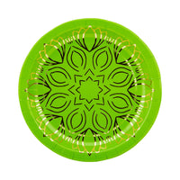 Lime green mandala plate with black outline and gold-foil lotus accents.