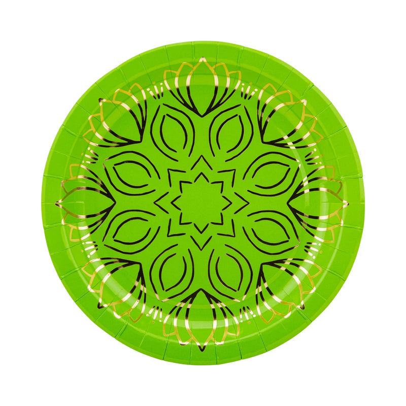Lime green mandala plate with black outline and gold-foil lotus accents.