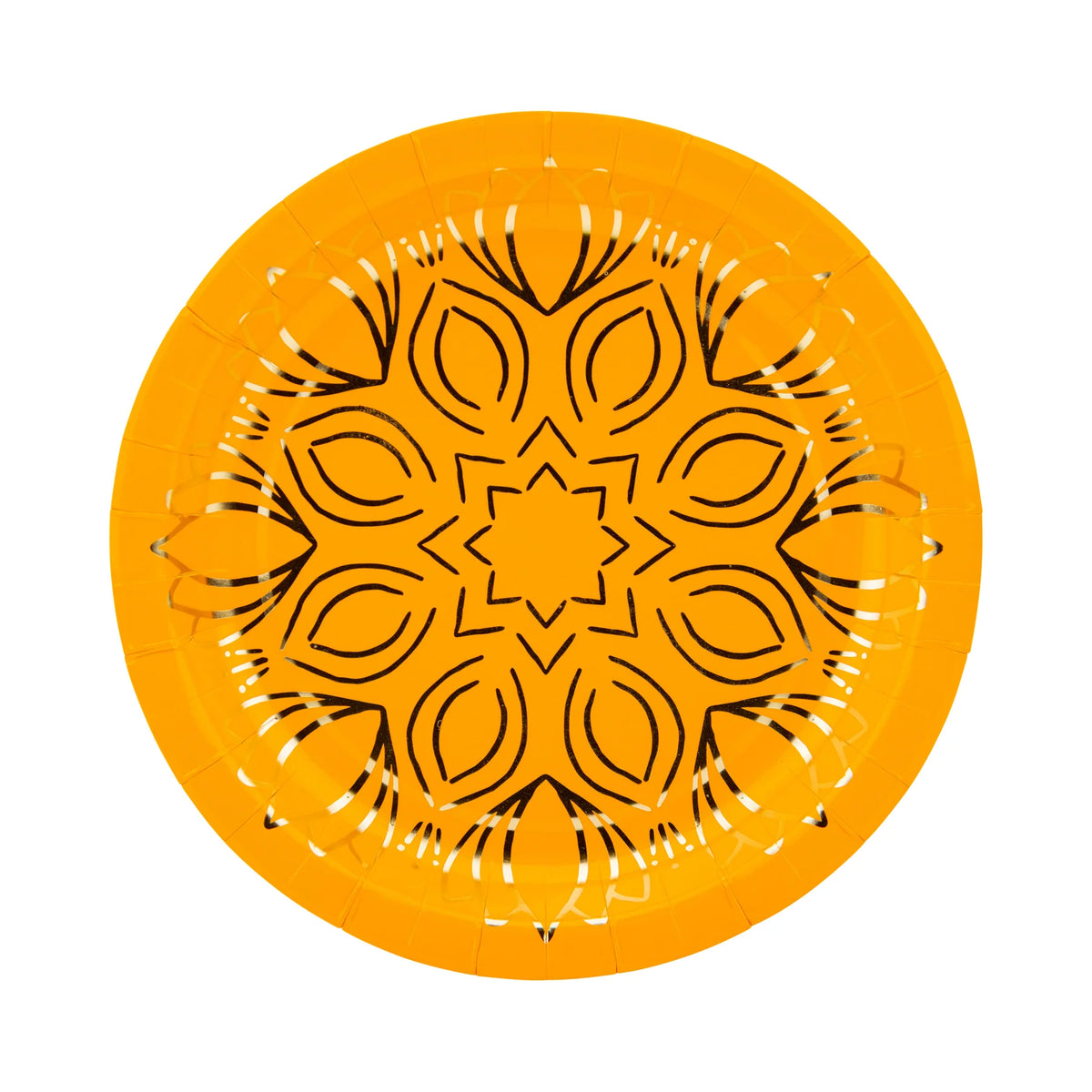 Marigold mandala plate with bold artwork and gold details—sturdy party supplies.