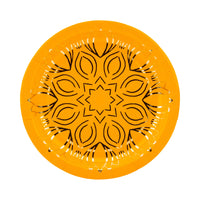Marigold mandala plate with bold artwork and gold details—sturdy party supplies.