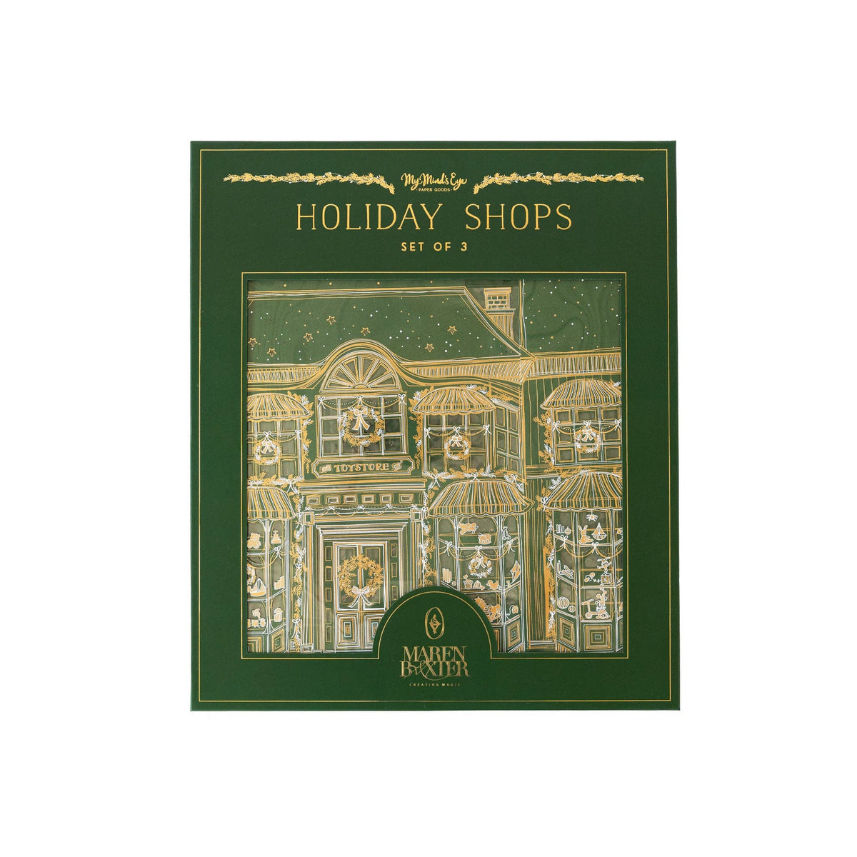 Green and gold Holiday Shops Set of 3 keepsake box with window showing the toy store illustration