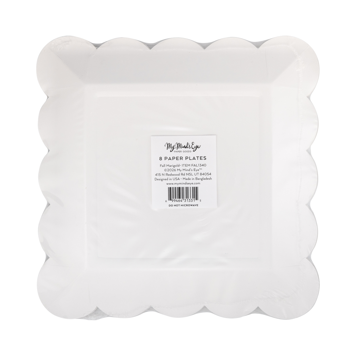 8 Pack of scalloped paper plates with a brand label on a white background. 