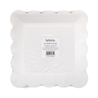 8 Pack of scalloped paper plates with a brand label on a white background. 