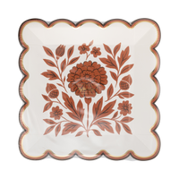 Stack of 8 fall marigold plates on a clear packaging.