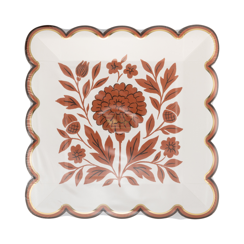 Stack of 8 fall marigold plates on a clear packaging.