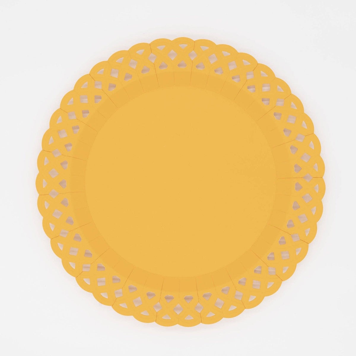 Bright marigold yellow basketweave dinner plate with an embossed woven texture and a scalloped lattice cutout border, overhead view on white background.