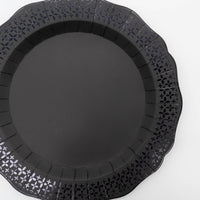 Front facing flat view of the black die-cut scalloped paper dinner plate showcasing its deep matte finish and lace edges.