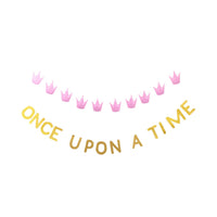 An isolated view of the Once Upon a Time Banner and Felt Princess Garland showing the Non-Curling Party Banner design.