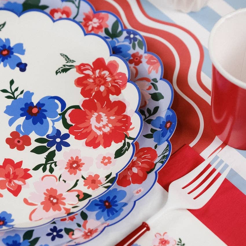 Summer Floral Paper Plate styled on a light blue lattice charger for a soft patriotic look.