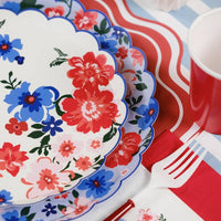 Summer Floral Paper Plate styled on a light blue lattice charger for a soft patriotic look.