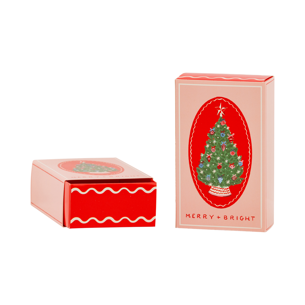 Pink Merry and Bright treat box with vintage Christmas tree shown open and closed