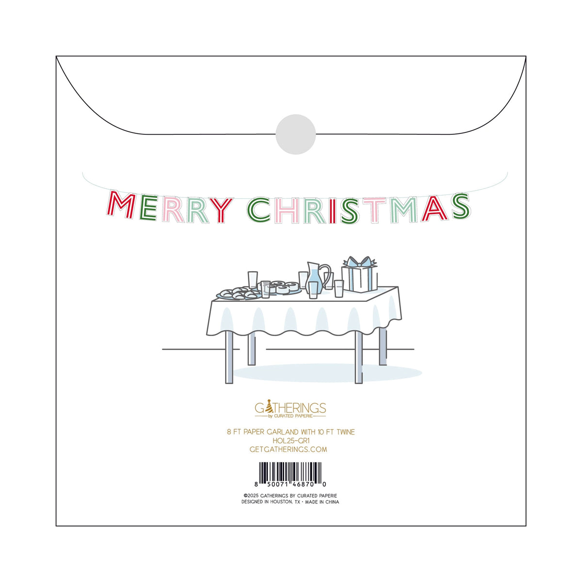 Packaging back showing Merry Christmas banner styled over buffet table