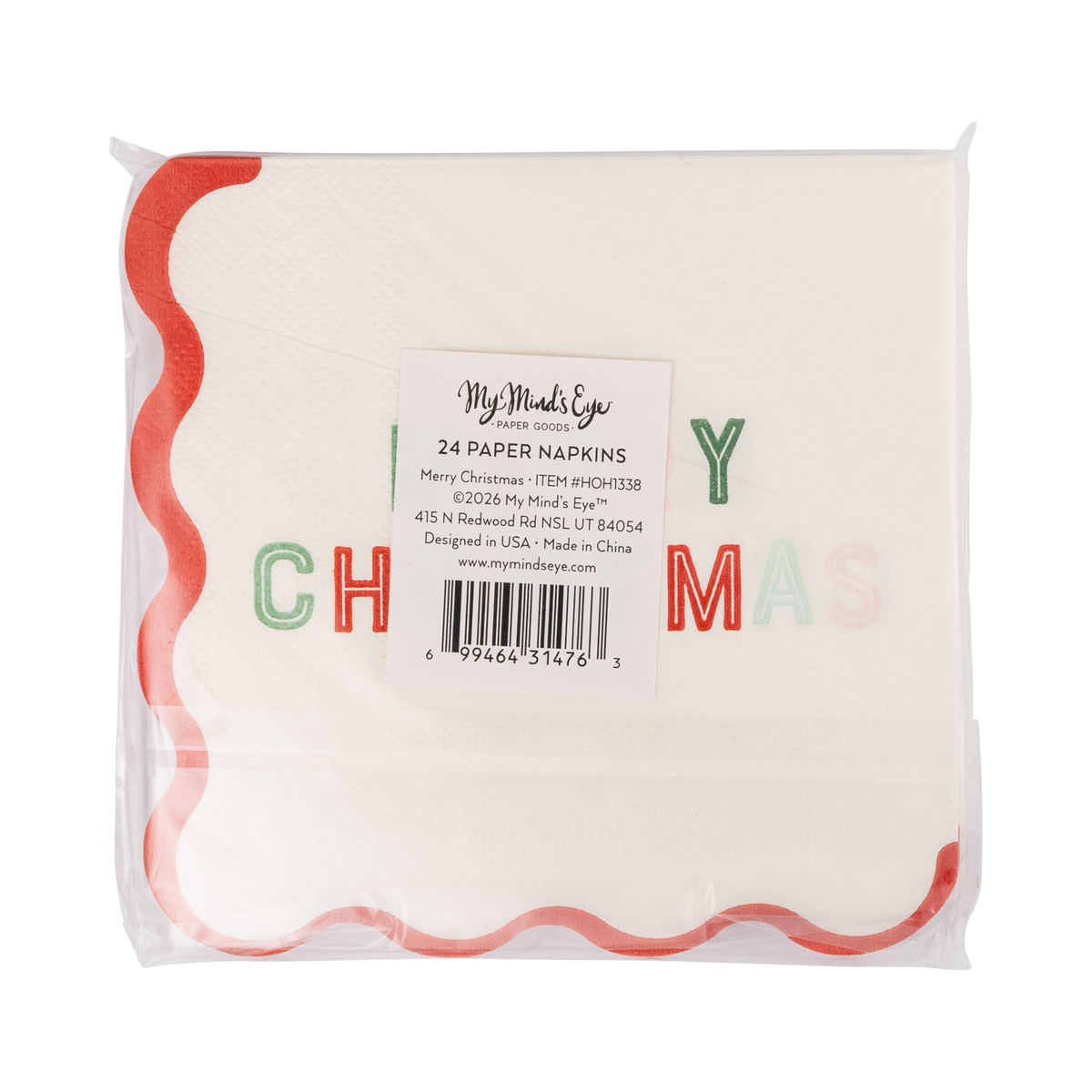Back of the Merry Christmas cocktail napkins packaging showing product details and barcode