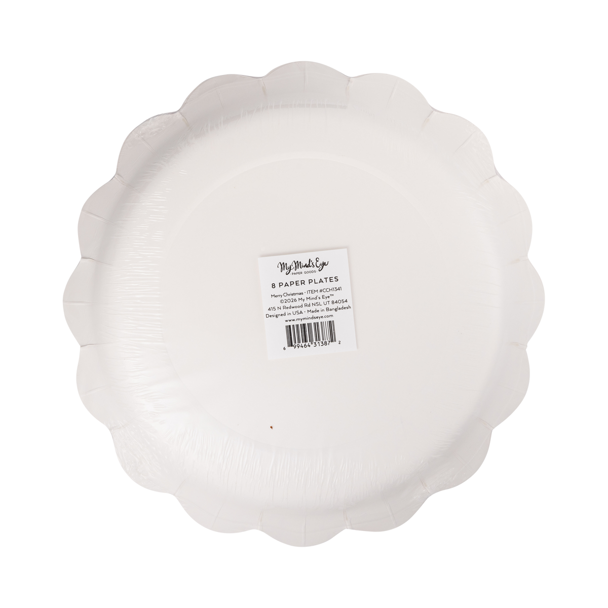Back of the Merry Christmas dessert plate showing the scalloped shape and product label.