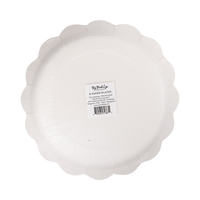 Back of the Merry Christmas dessert plate showing the scalloped shape and product label.