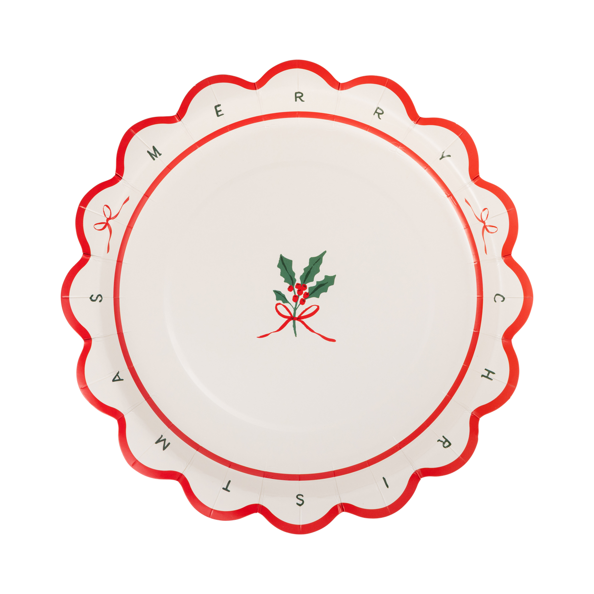 Cream Merry Christmas dessert plate with a red and green "Merry Christmas" design, a holly sprig, and a wavy red scalloped edge.