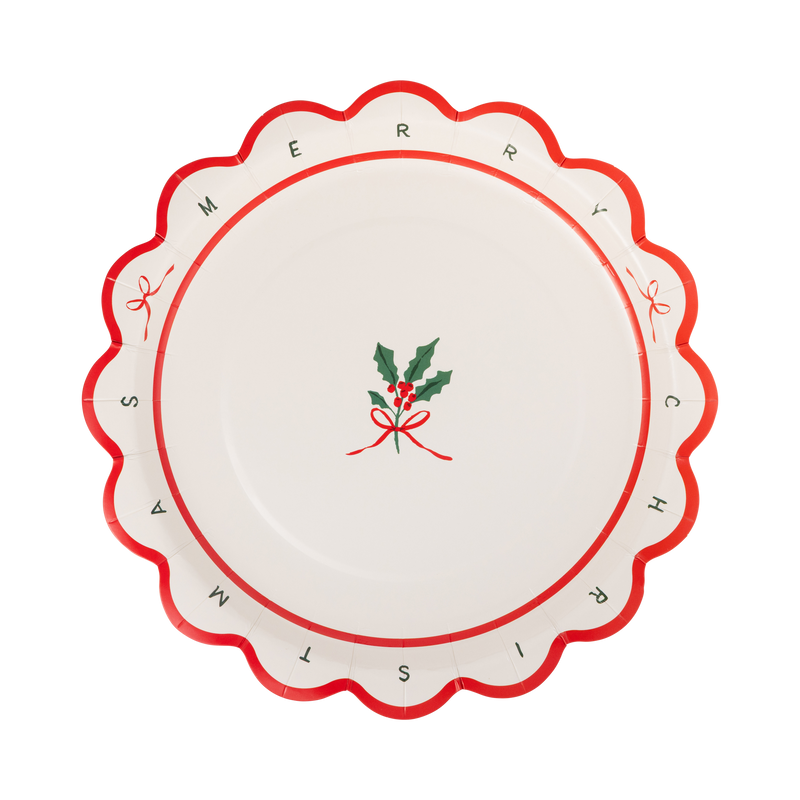 Cream Merry Christmas dessert plate with a red and green "Merry Christmas" design, a holly sprig, and a wavy red scalloped edge.