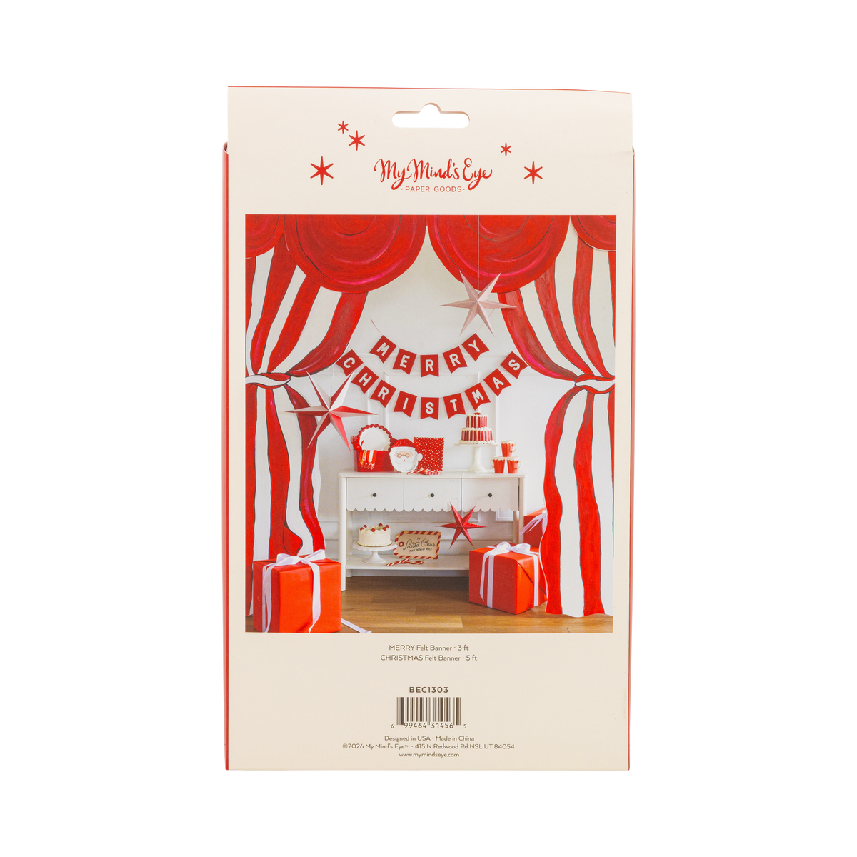 Back of the Merry Christmas felt banner packaging showing the banner styled on a mantel.