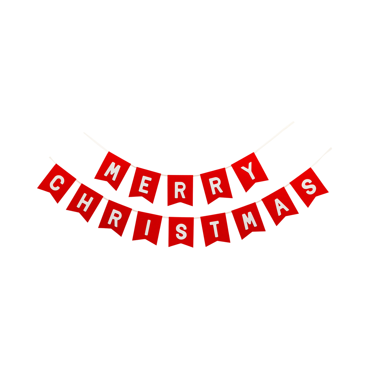 Red felt "Merry Christmas" pennant banner with cream felt letters laid flat.