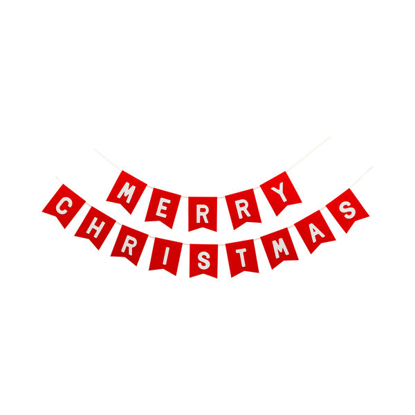 Red felt "Merry Christmas" pennant banner with cream felt letters laid flat.