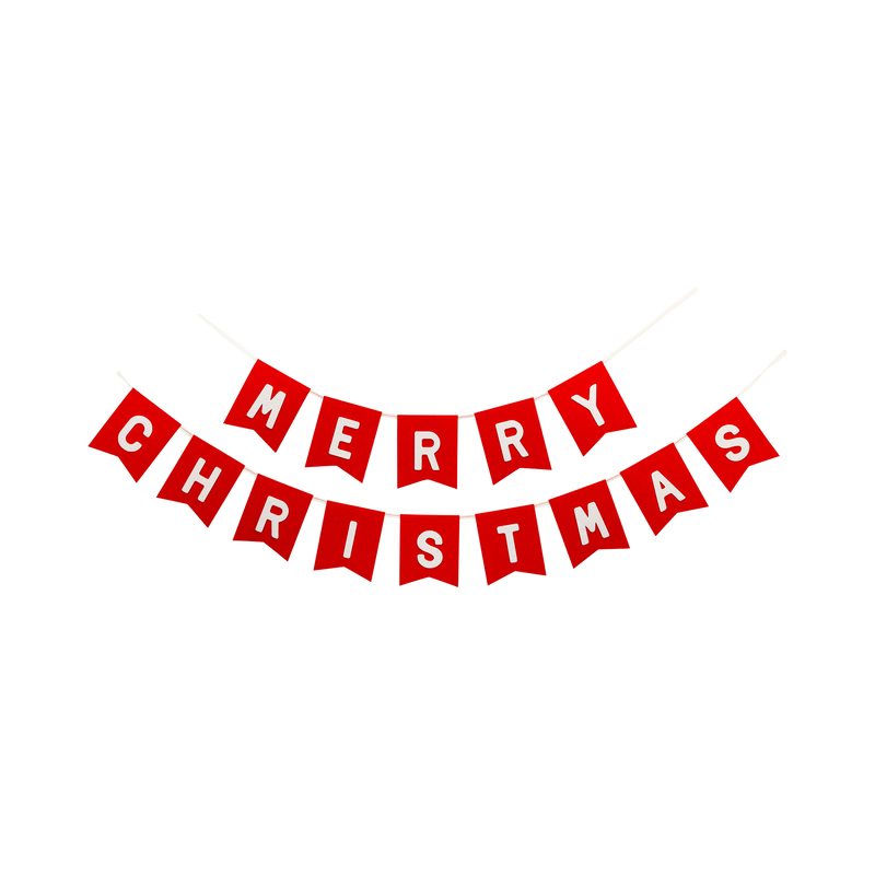Red felt "Merry Christmas" pennant banner with cream felt letters laid flat.