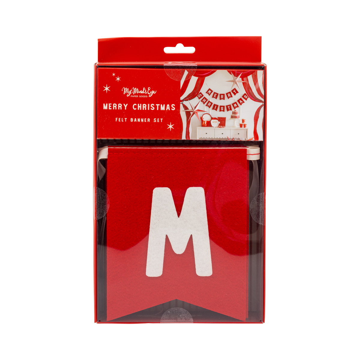 Boxed Merry Christmas felt banner in red packaging showing a felt "M" pennant through the window.