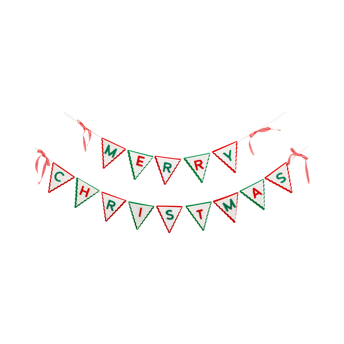 Red, green, and cream felt "Merry Christmas" pennant banner with striped bows on a white background.