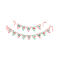 Red, green, and cream felt "Merry Christmas" pennant banner with striped bows on a white background.