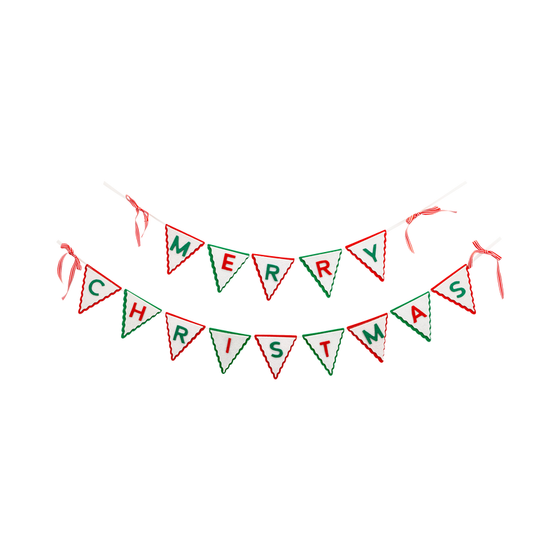 Red, green, and cream felt "Merry Christmas" pennant banner with striped bows on a white background.