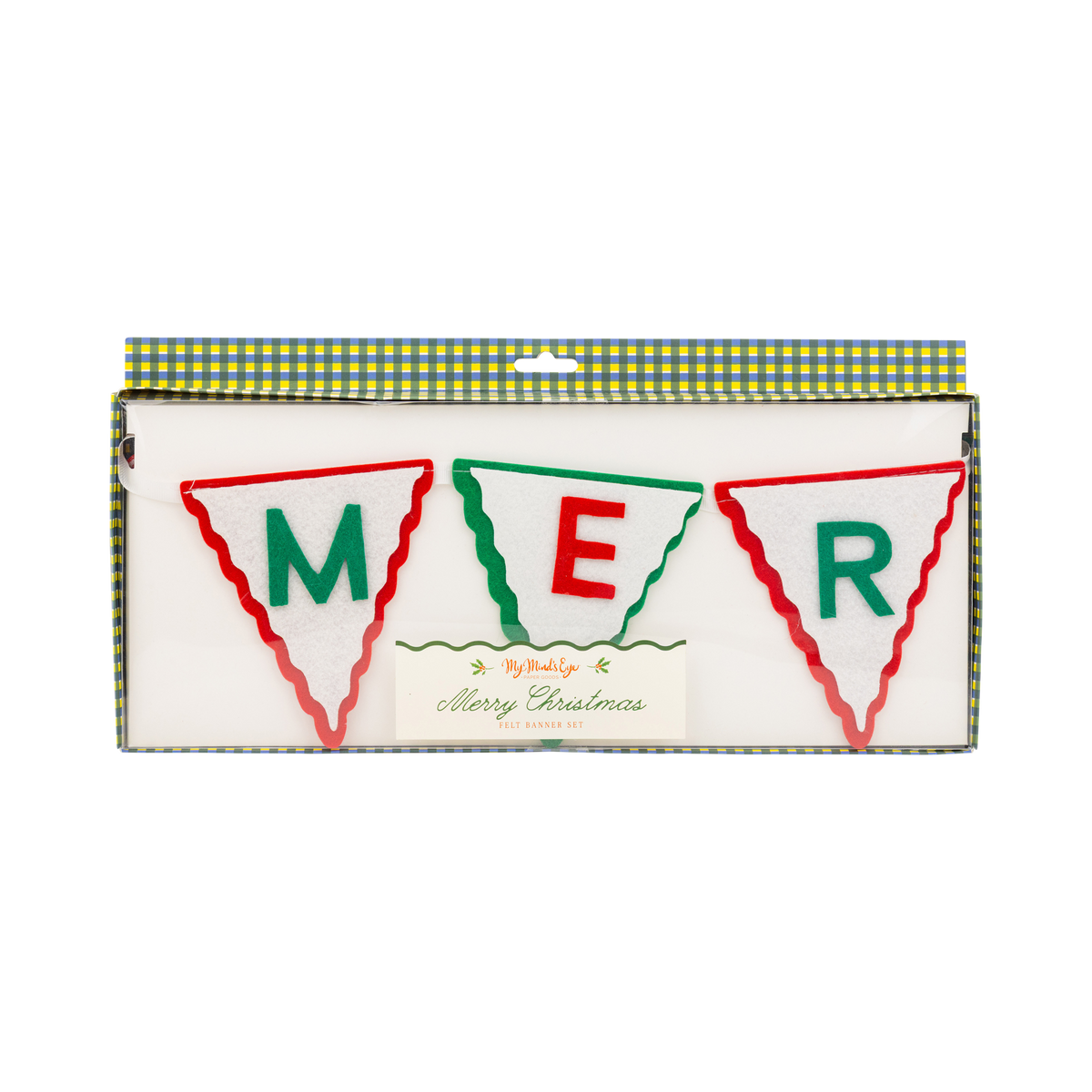 Boxed felt banner packaging showing "M-E-R" pennants through the window.