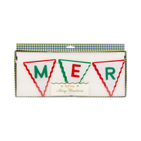 Boxed felt banner packaging showing "M-E-R" pennants through the window.