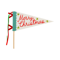 Cream felt "Merry Christmas" pennant flag on a wooden dowel with green and red screenprint on a white background.